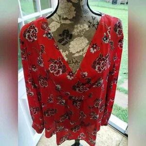 LOFT Floral Bib Front Blouse Red Small